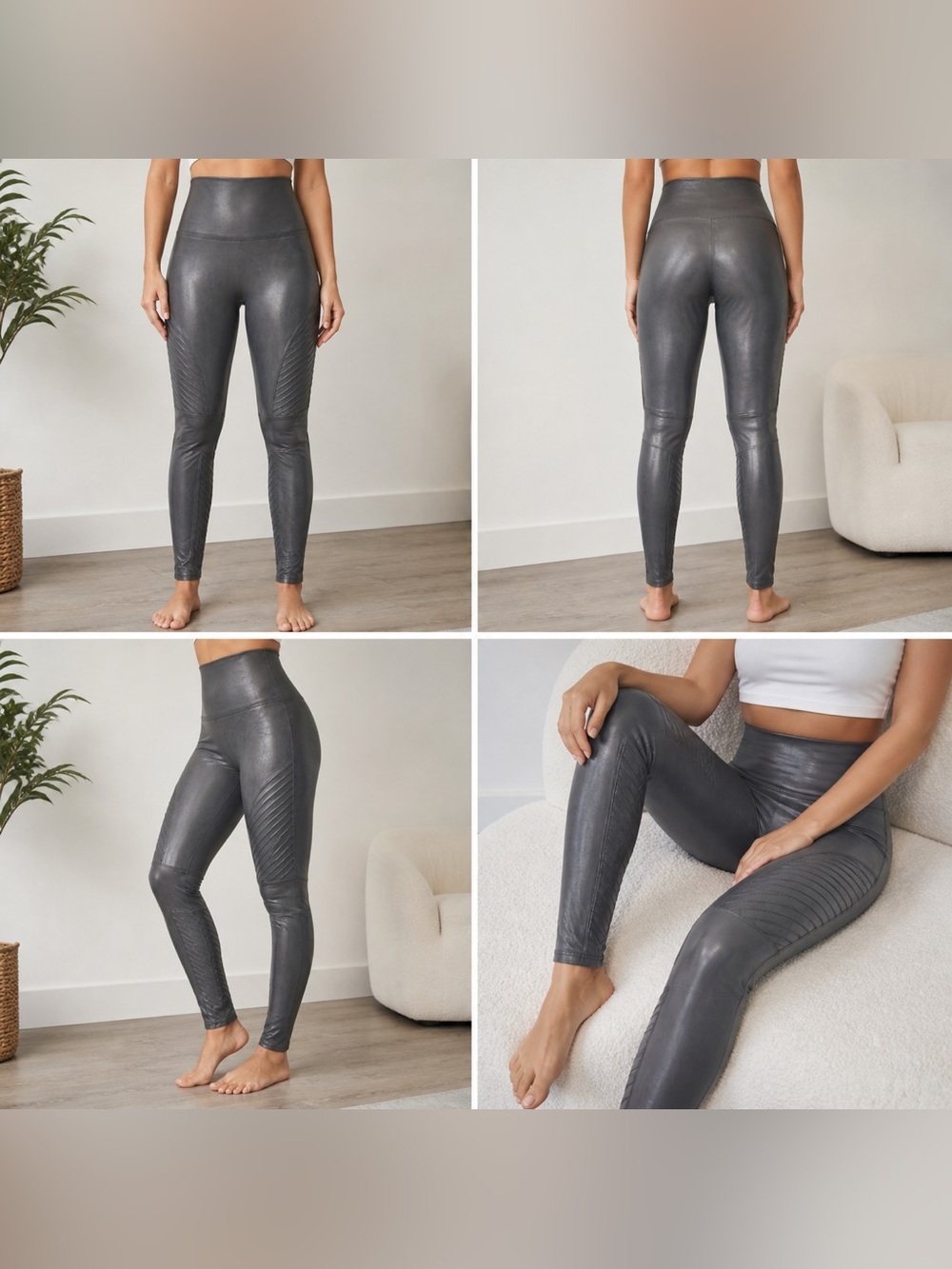 SPANX Faux Leather Moto Leggings Charcole Gray High Rise Shaping Size Large - Picture 2 of 8
